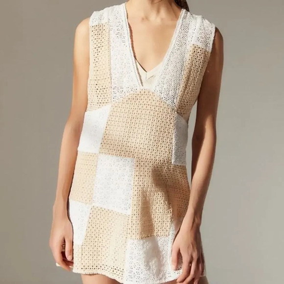 Urban Outfitters Kay Cream Tan Patchwork 70s Eyelet Shift Mini Dress Medium - Picture 2 of 15